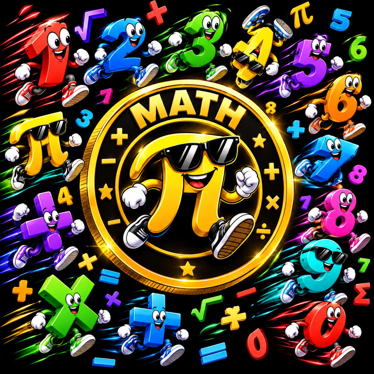 MATH gold coin surrounded by colorful animated-style numbers and math symbols